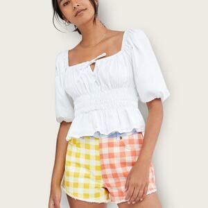 Farm Rio x Anthropologie NWT Color Blocked Gingham Denim Shortie sz XS